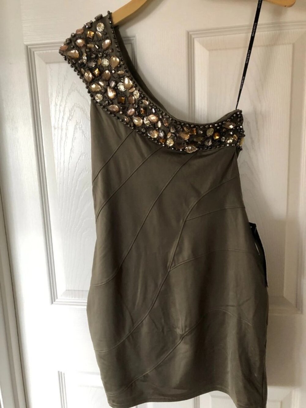 Y2K-Bebe Olive Green Dramatic Beaded w/Crystals 1 Shoulder - Picture 2 of 16